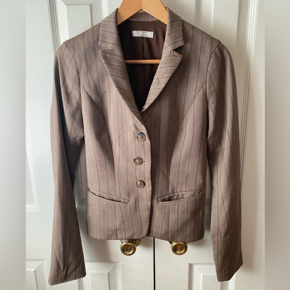 BADGLEY MISCHKA Brown‎ Pinstriped Herringbone Stretch Wool Cropped Blazer SZ 2